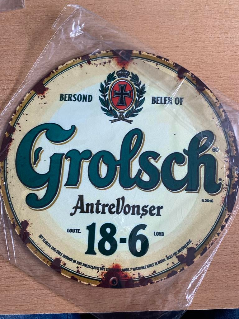 Grolsch reclame blik 20 cm doorsnede, Ophalen of Verzenden, Nieuw, Reclamebord