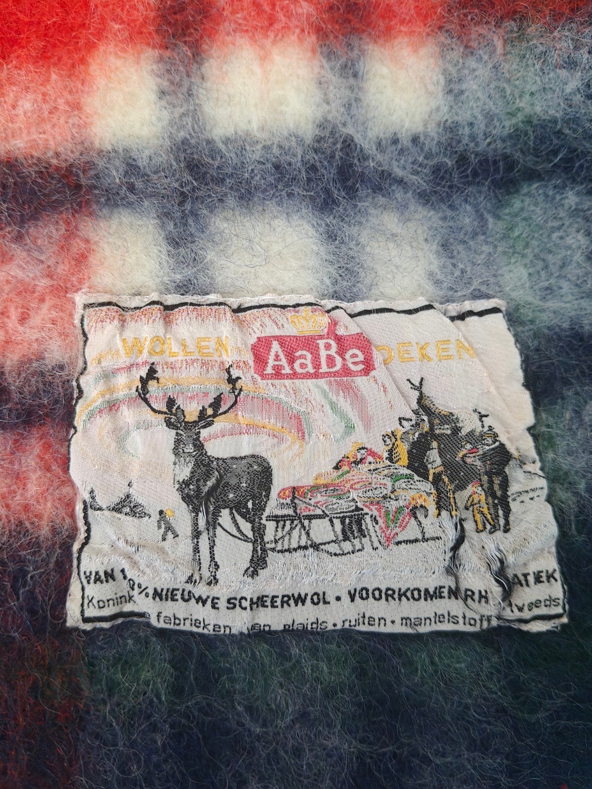 Vintage AaBe geruit wollen deken in blauw groen rood en wit, Ophalen of Verzenden, Gebruikt