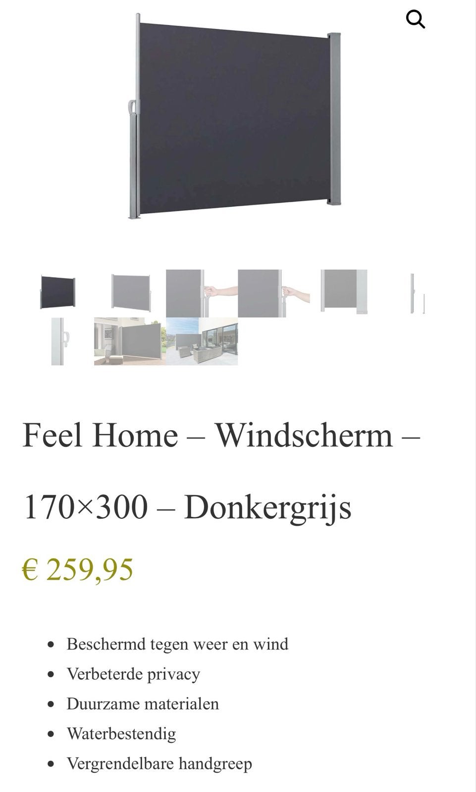 3x Feel Home Windscherm 170x300 Donkergrijs - Nieuw, Ophalen, Uittrekbaar, Nieuw