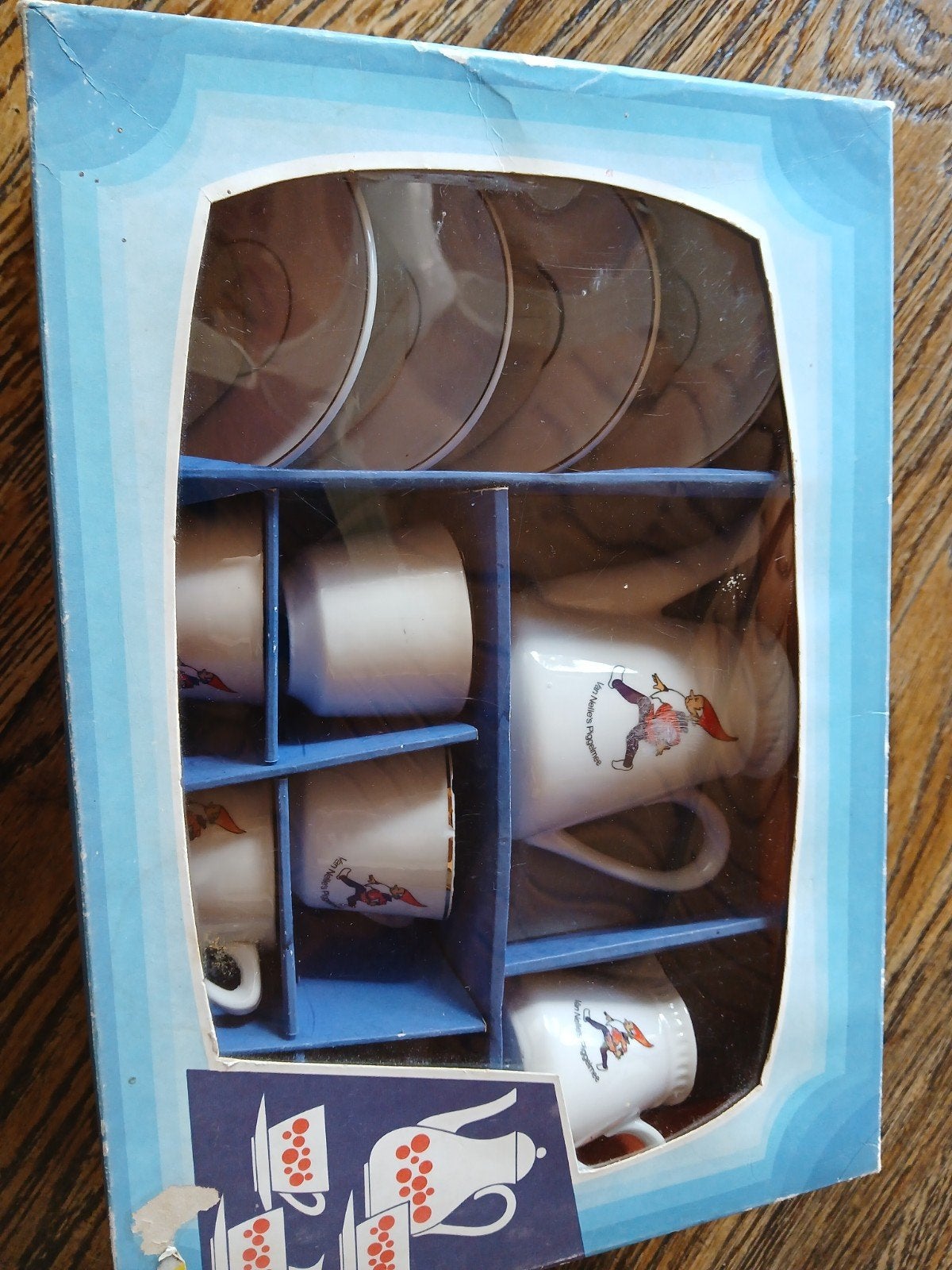 Vintage kabouter serviesje - 4 kopjes, 4 schotels en kan, Overige merken, Keramiek, Vintage, Ophalen of Verzenden