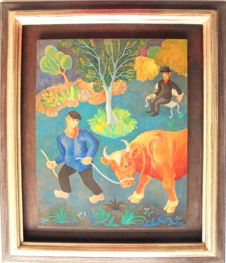 Louis Schrikkel.1902-1995.Boer met stier.Olieverf., Antiek en Kunst, Ophalen