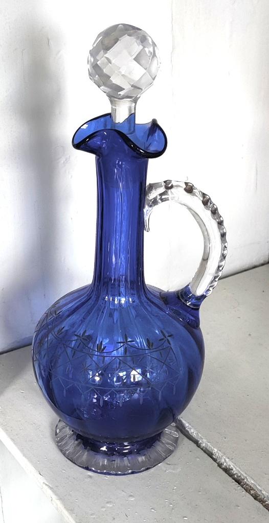 Antieke blauwe karaf met oor van circa 1880, Ophalen of Verzenden