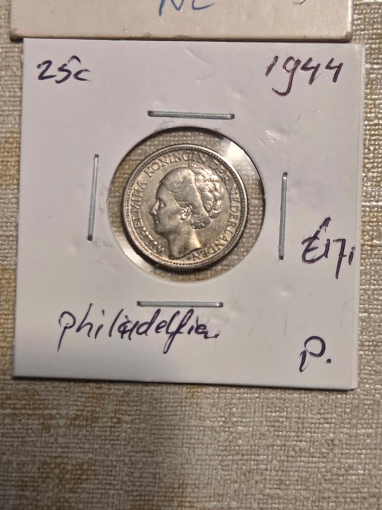 Zilveren Kwartje 1944 p,Koningin Wilhelmina, Zilver, 25 cent, Ophalen of Verzenden, Koningin Wilhelmina