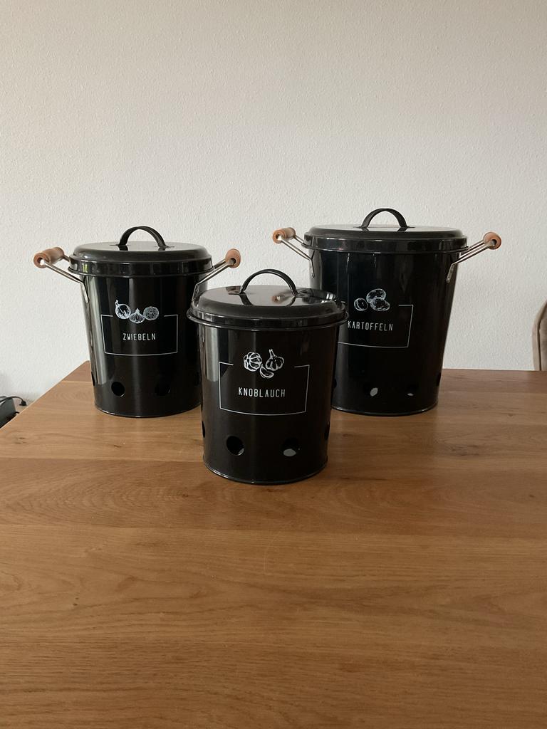 Set van 3 zwarte voorraadblikken voor aardappelen, uien, kno, Ophalen of Verzenden, Zo goed als nieuw, Overige, Overige merken