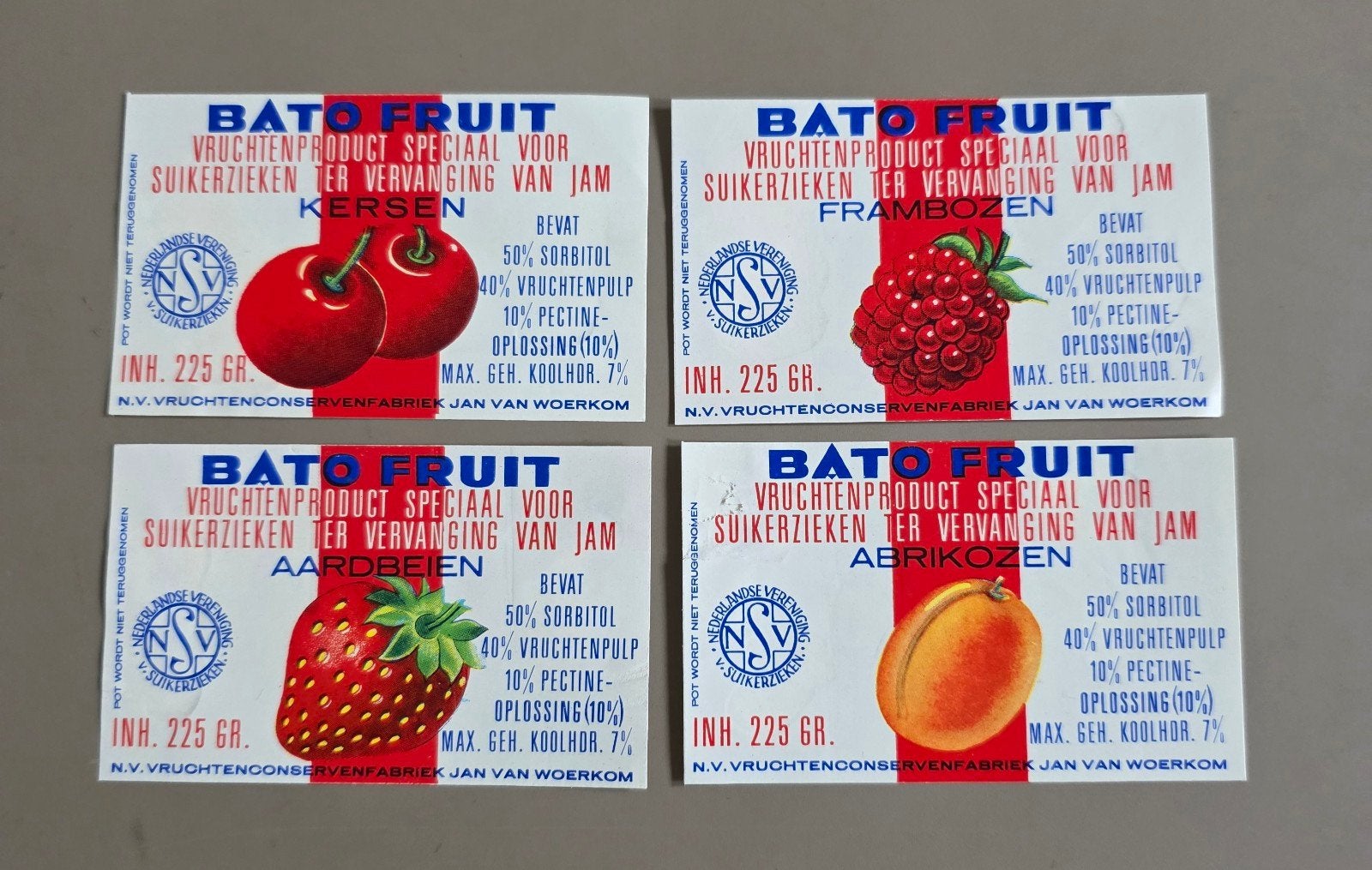 087) 4 ORIGINELE ETIKETTEN BATO JAN VAN WOERKOM NIJMEGEN, Verzenden, Zo goed als nieuw, Overige typen