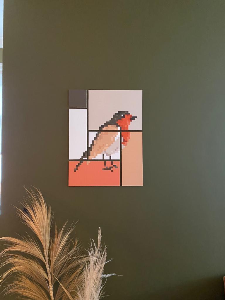 Wanddecoratie: Mus en Roodborst - Pixel Art Puzzel, Ophalen of Verzenden, Zo goed als nieuw