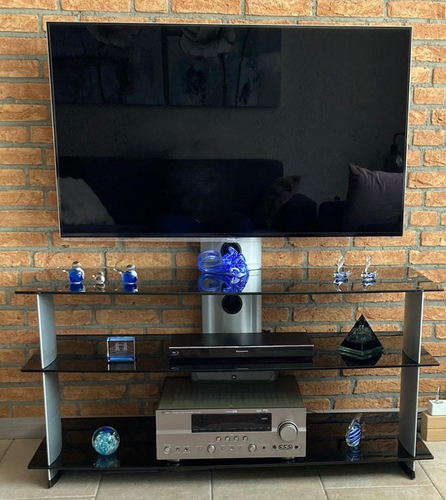 Dagetti design TV-meubel van pianozwart glas, Ophalen, 100 tot 150 cm, Minder dan 100 cm, 25 tot 50 cm