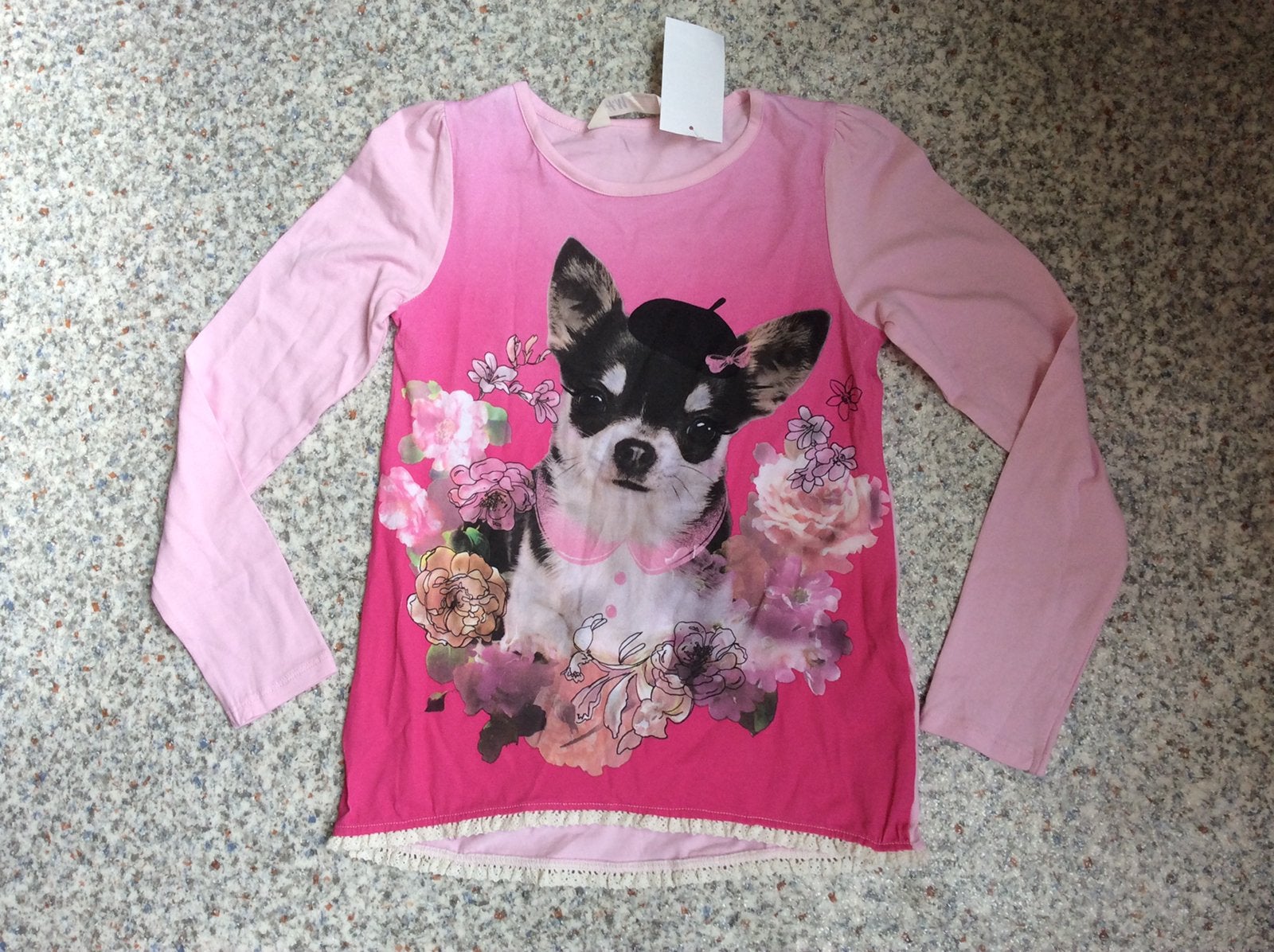 H&M chihuahua bloemen roze shirt mt 98/104 NIEUW, Ophalen of Verzenden, Nieuw, Meisje, Shirt of Longsleeve