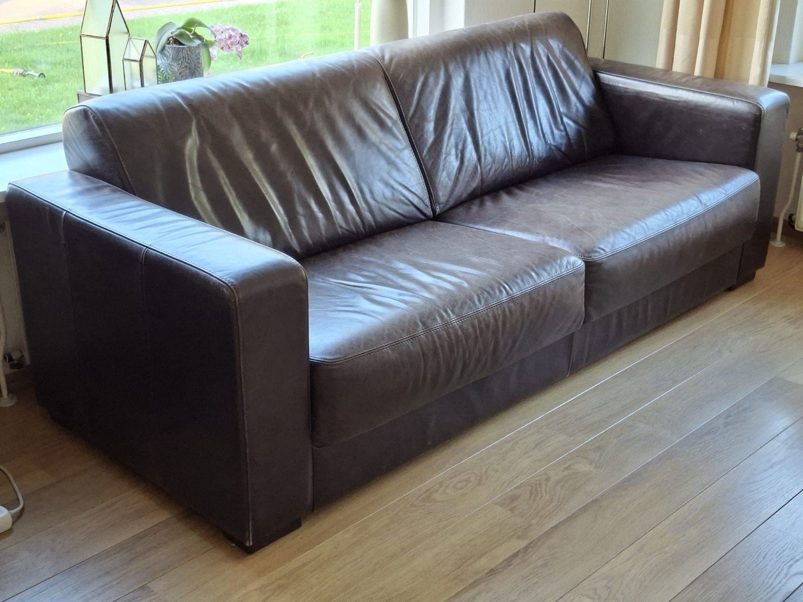 Zwarte leren driezitsbank, Ophalen, Gebruikt, 150 tot 200 cm, Modern klassiek