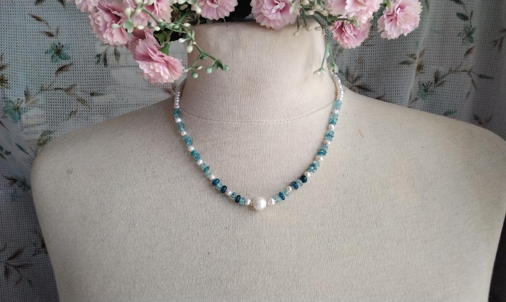 Prachtige Ketting Apatiet en Echte Parels UNIEK ZELDZAAM, Ophalen, Blauw, Nieuw, Steen of Mineraal