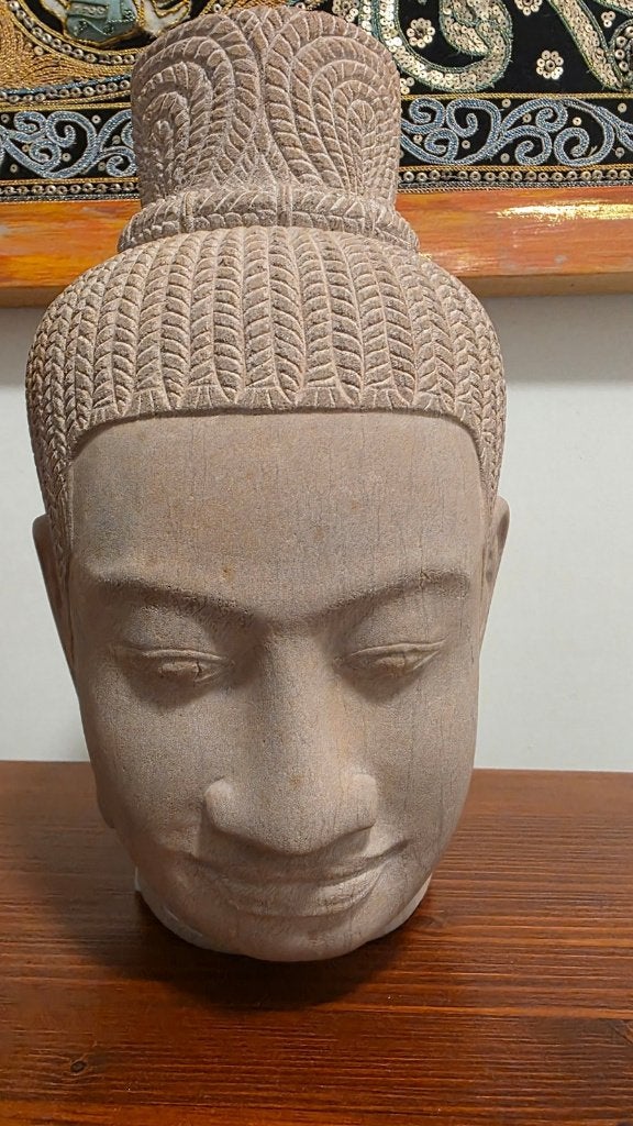 Beeld van Vishnu (buste, zandsteen, Cambodjaans), Ophalen, 27 cm, Steen/keramiek, Beige