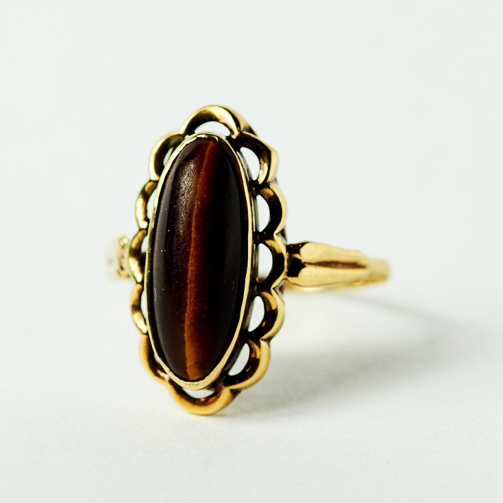 Vintage cocktail ring tijgeroog 14 karaat goud, Ophalen of Verzenden, Zo goed als nieuw, 17 tot 18, Met edelsteen