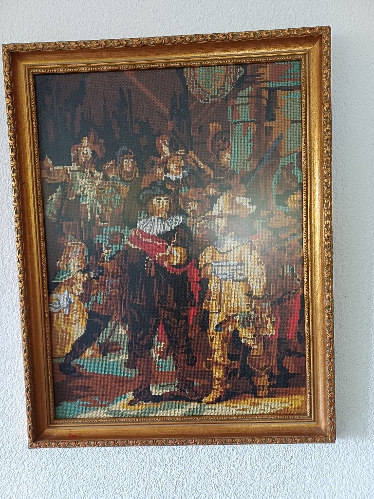 Borduurwerk. ,,De Nachtwacht,, in fraaie lijst, Ophalen, Gebruikt, 65 cm, Overige typen