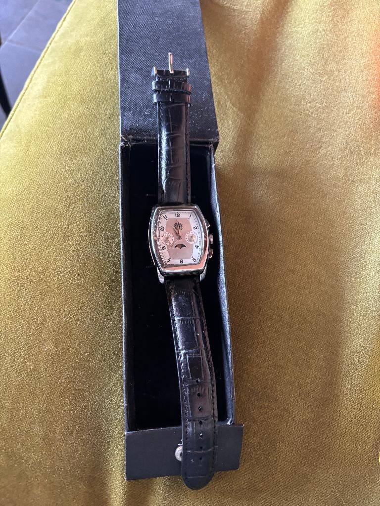 PierCarlo d'Alessio Horloge Tonneau Maanfase Zwart Leer, Overige materialen, Leer, Polshorloge, Nieuw