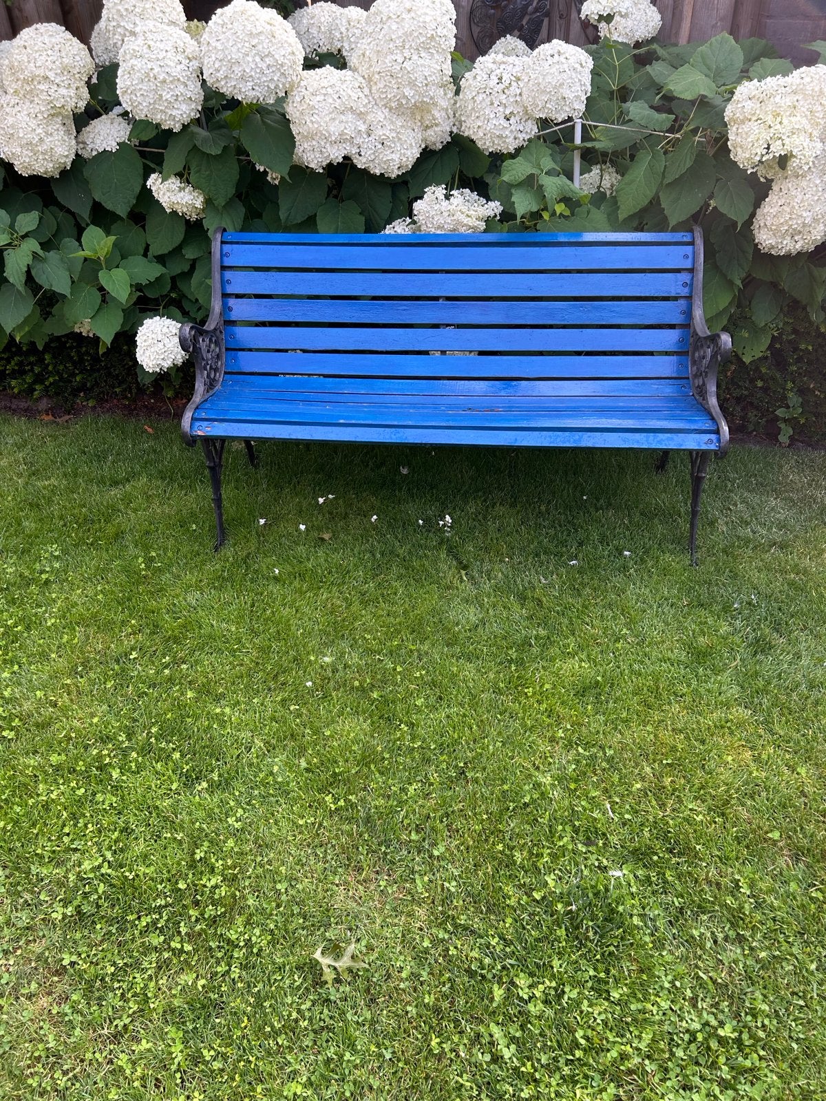 Blauwe tuinbank met hardhouten planken en gietijzeren zijkan, Tuin en Terras, Ophalen, Gebruikt, Hout