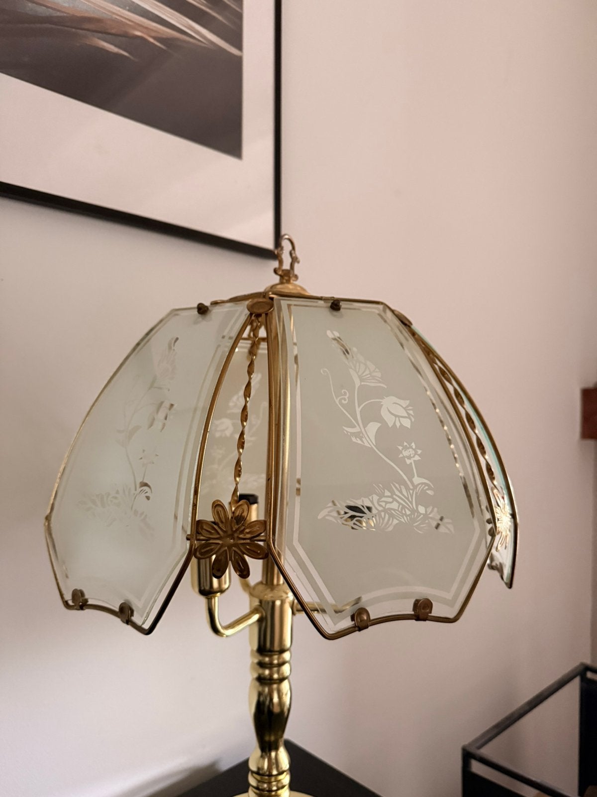 Vintage messing/gouden tafellamp  – bloemenmotief, Ophalen, Vintage, Goud, Glas