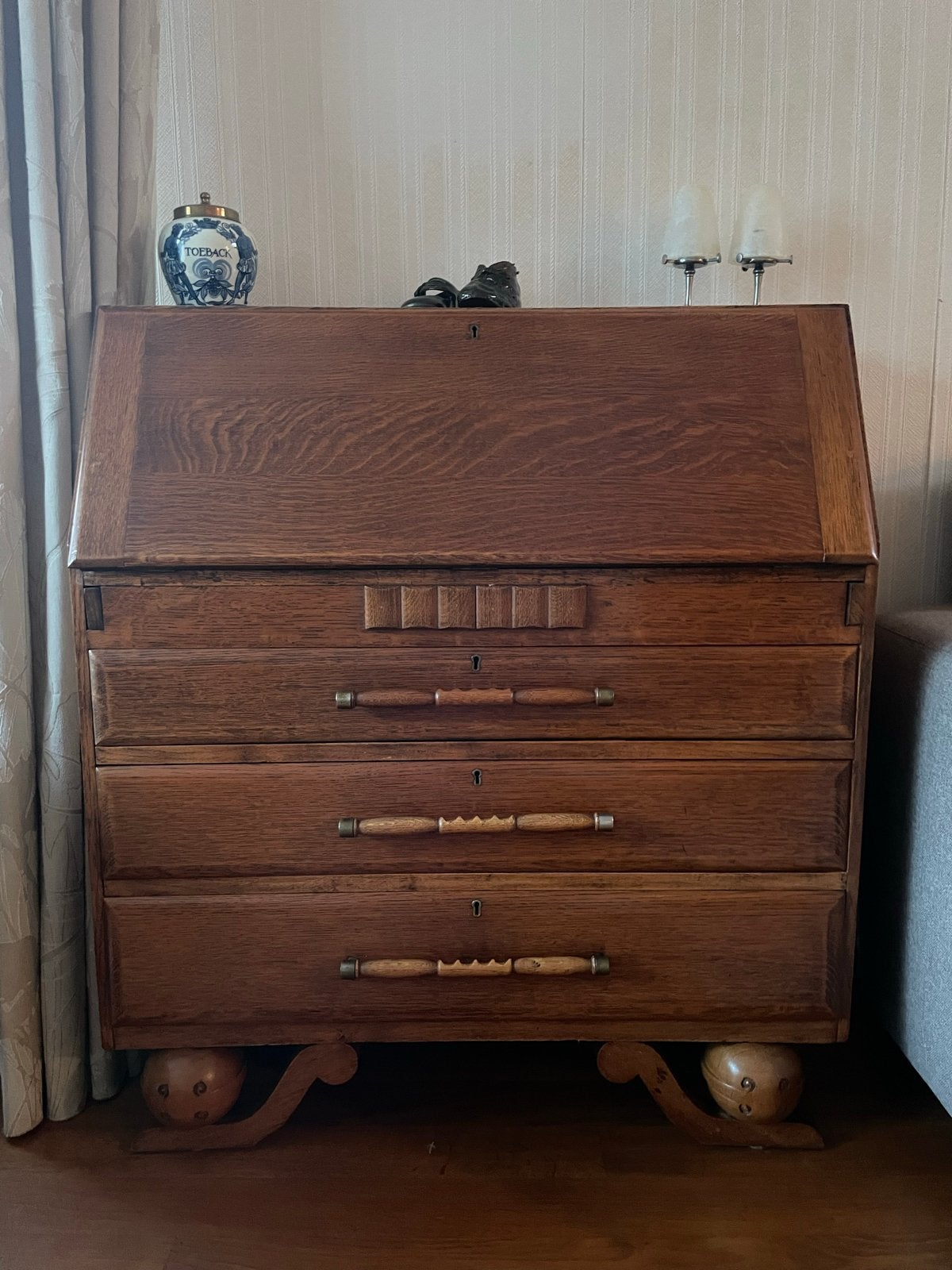Antiek eikenhouten secretaire met lades, Antiek en Kunst, Ophalen