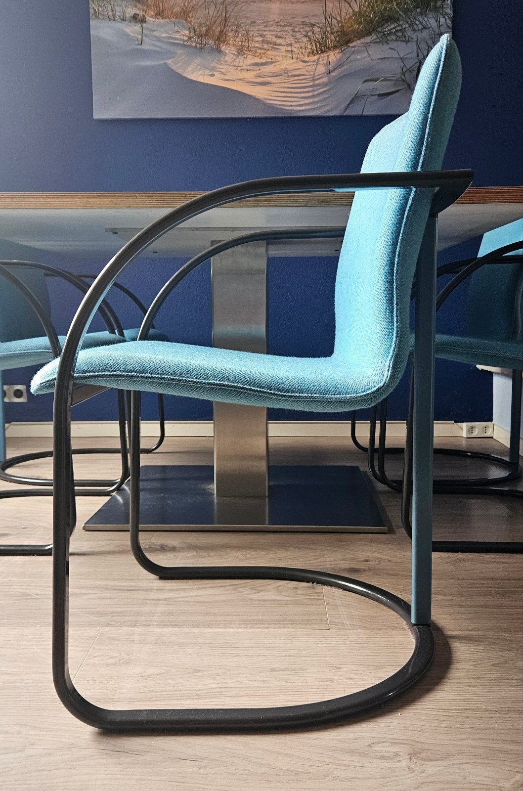 5 design eettafel stoelen rookvrij, Ophalen, Gebruikt, Blauw, Design