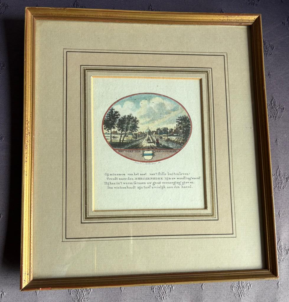 Antieke staalgravure dorp Bergschenhoek, Ophalen, 30 cm, 26 cm, Met passe-partout