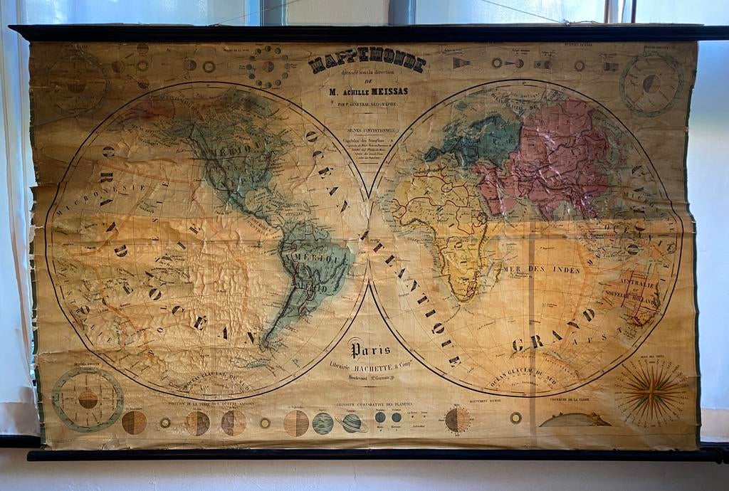 Authentieke 19e-eeuwse Franse schoolwandkaart 103x178cm, Ophalen, Aardrijkskunde