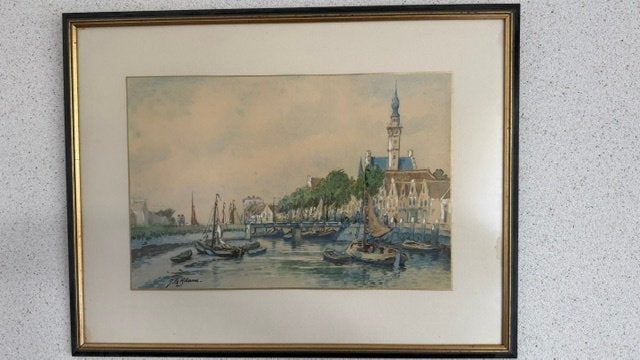 Aquarel Grote kerk en haven van Veere (J. Le Blanc), Antiek en Kunst, Overige stijlen, Ophalen of Verzenden, Aquarel, Achter glas