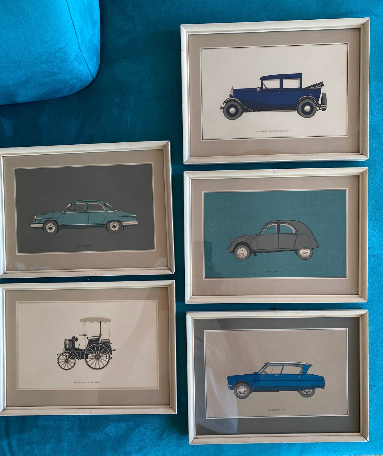 Titel: set van 5 vintage auto-prenten (Citroën & Panhard), Ophalen, Zo goed als nieuw, Auto