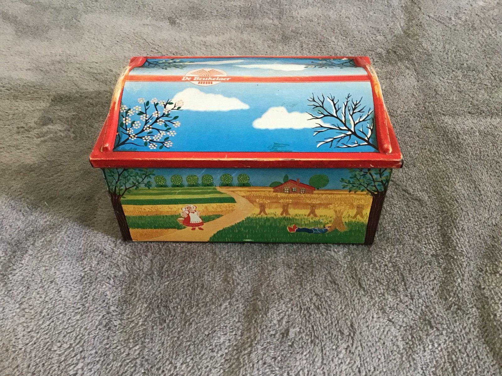 De Beukelaar blik 'Seizoenen decor' - Vintage koekblik, Ophalen of Verzenden, Gebruikt, Koek(jes), Overige merken