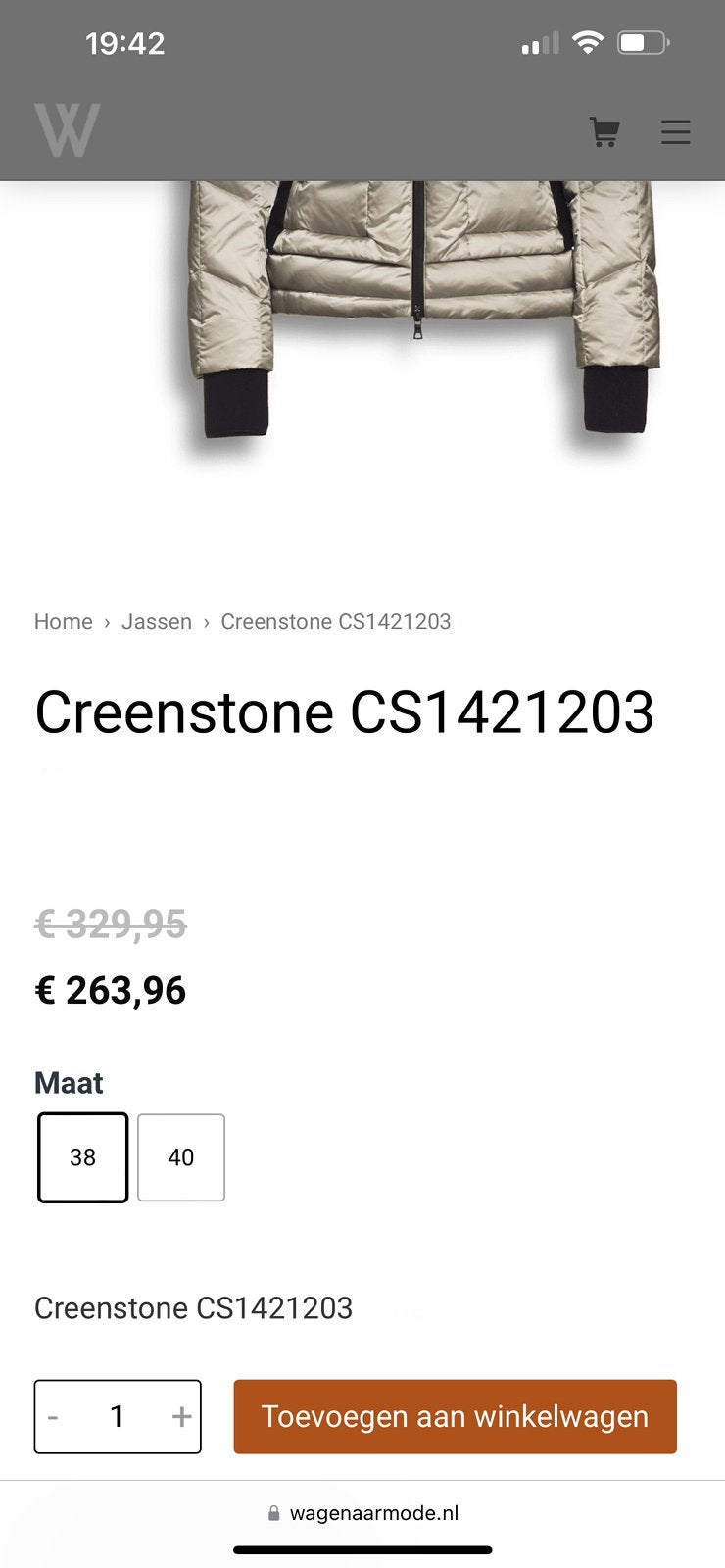Foto 3 van Vrijwel nieuwe jas Creenstone beige zwart dons kort 36/S!