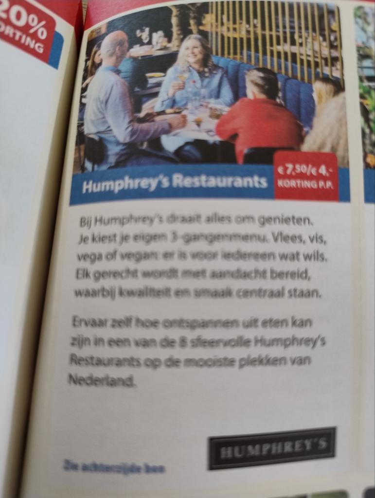 Korting Humphrey s Restaurants, Tickets en Kaartjes, Drie personen of meer, Kortingsbon