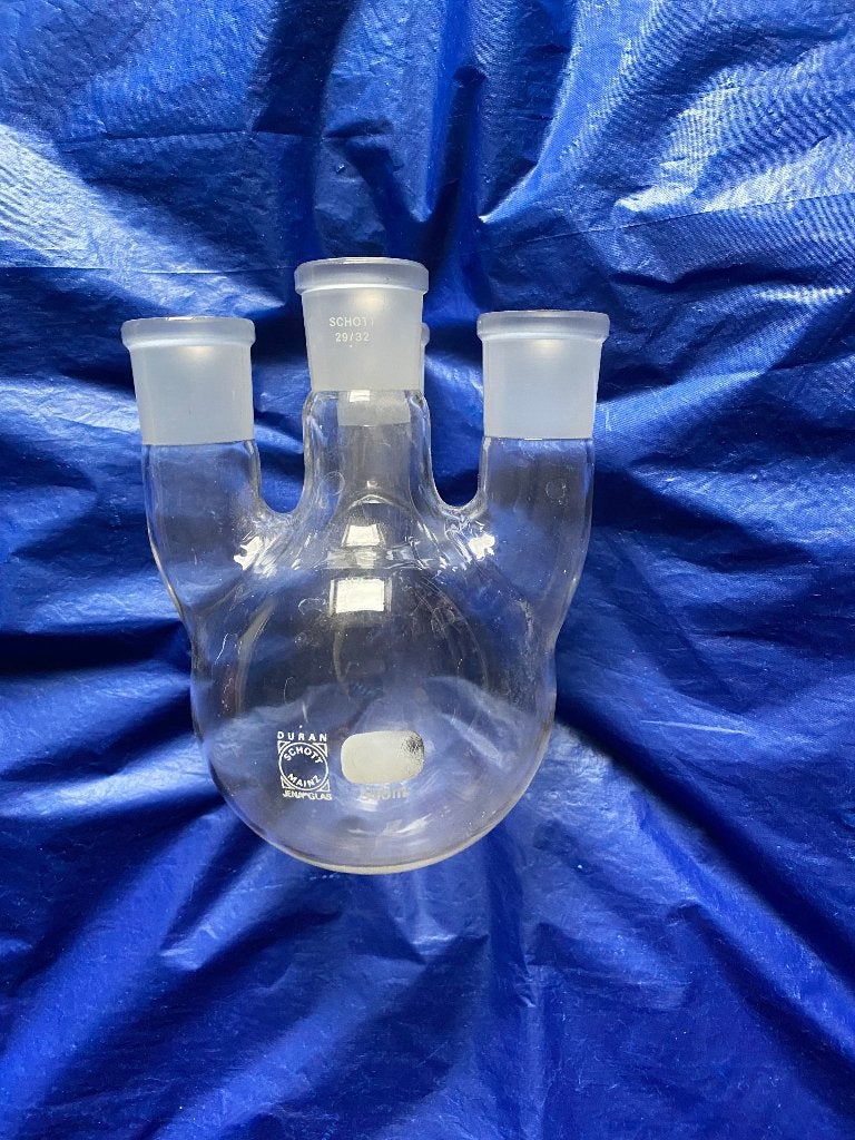 Rondbodemkolf 500ml 4-hals +NS29(laboratorium,destillatie), Hobby en Vrije tijd, Ophalen of Verzenden, Zo goed als nieuw