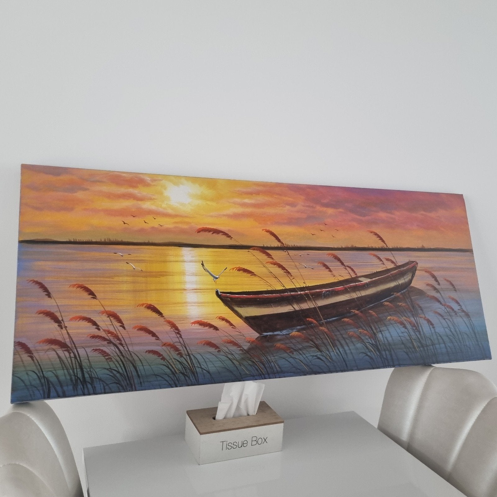 Schilderij zonsondergang met boot en vogels, Ophalen, Maritiem / water, Doek, Realistisch