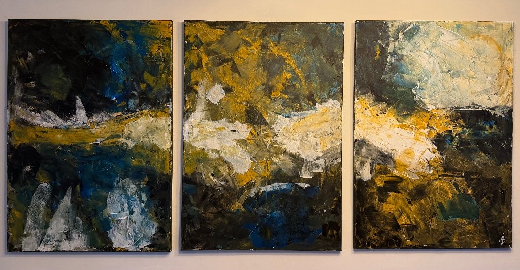 Abstract drieluik - Acryl op canvas 210 x 100 cm, Abstract, Acrylverf, Gelimiteerde oplage, Ophalen of Verzenden