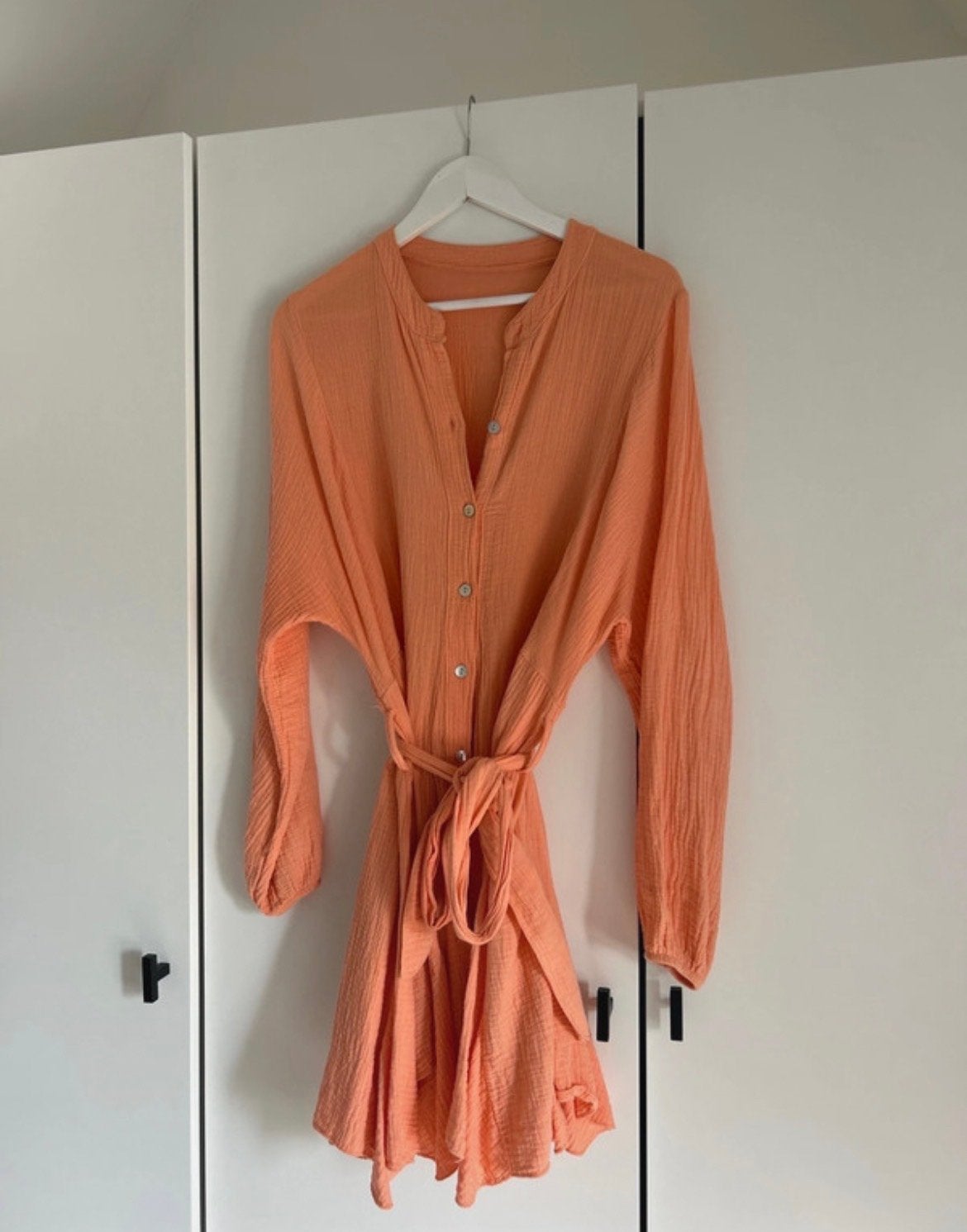 Oranje/perzik kleurige blousejurk met ceintuur, Oranje, Ophalen of Verzenden, Zo goed als nieuw, Maat 36 (S)