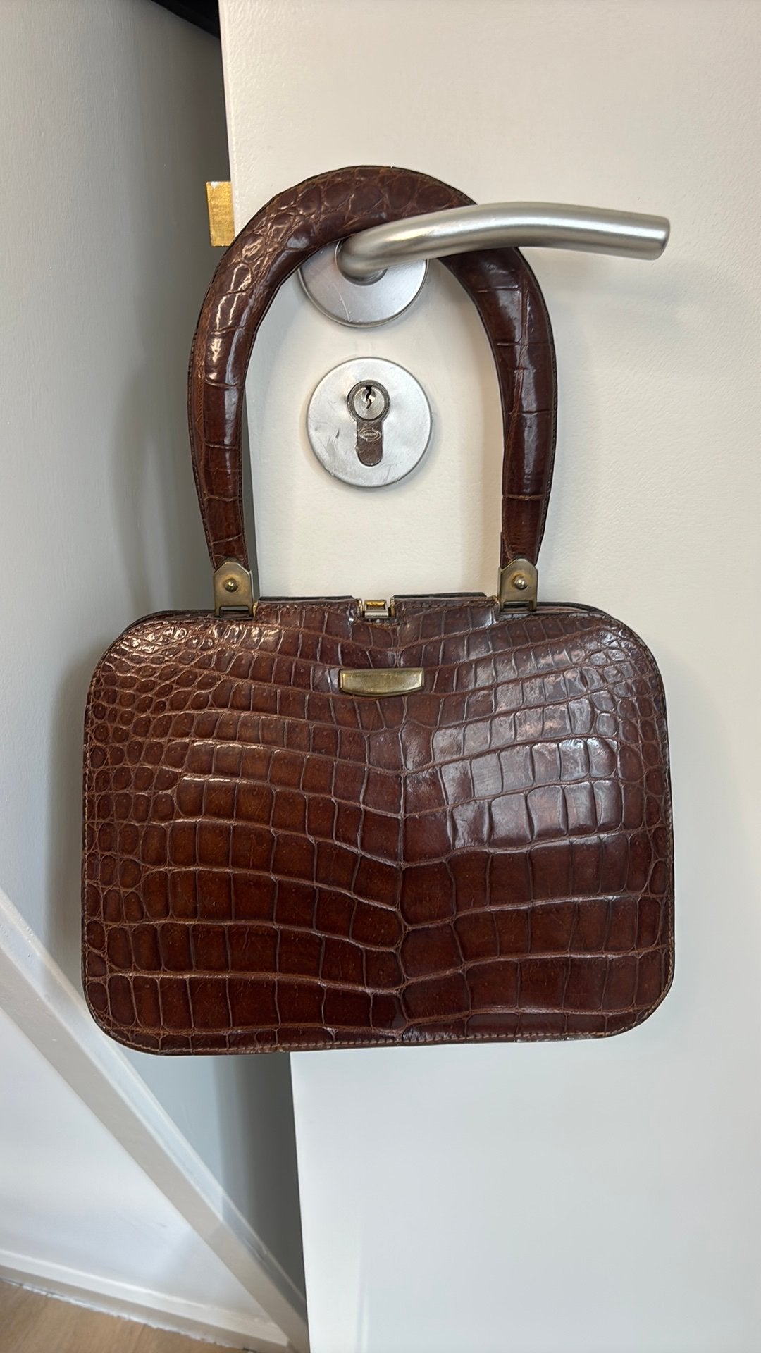 Prachtige Vintage Handtas Bruin/rood Jaren 50 /60 Croco Look, Ophalen of Verzenden, Gebruikt, Bruin, Handtas