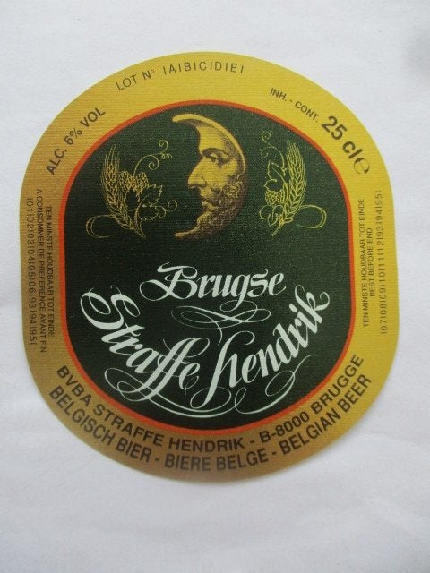bieretiket Belgie 17-8 (19O) straffe hendrik, Verzamelen, Ophalen of Verzenden, Gebruikt, Overige typen, Overige merken