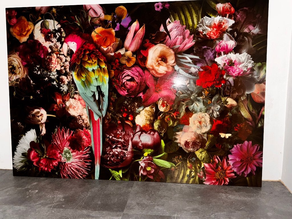 Glasschilderij Papegaai / bloemen 160x110 cm, Ophalen