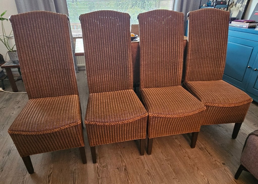 Set van 4 Lloyd Loom eetkamerstoelen, Ophalen, Gebruikt, Bruin, Riet of Rotan