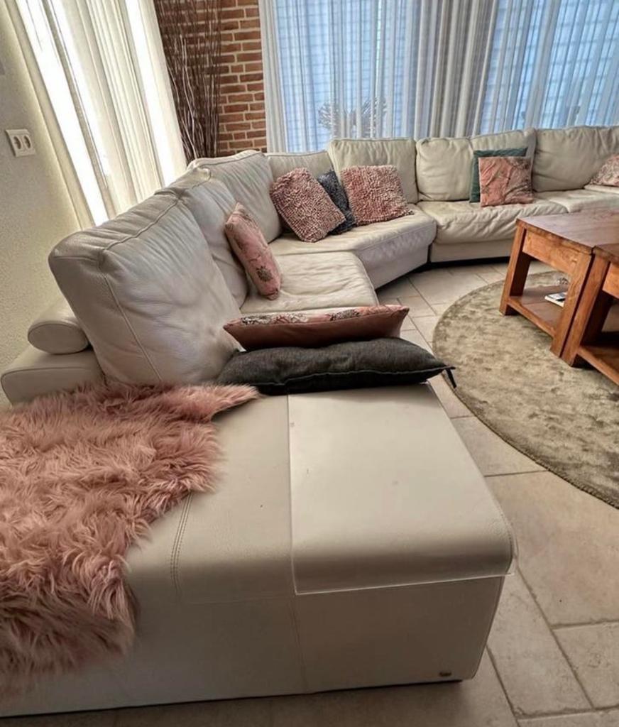 GRATIS Leren hoekbank Natuzzi (crème) met 2 relaxfauteuils, Gebruikt, 100 tot 125 cm, Hoekbank, 300 cm of meer