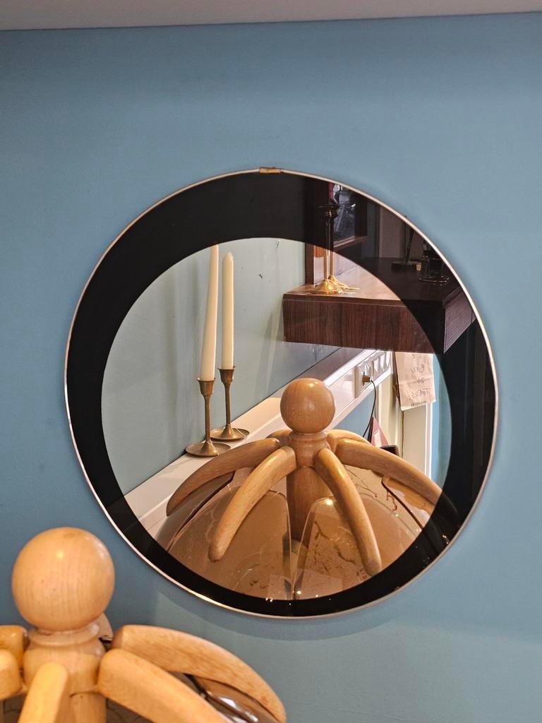 Vintage Jaren '50/'60 Ronde Spiegel Zwart Wandspiegel Rond, Antiek en Kunst, Antiek | Spiegels, Minder dan 50 cm, Rond, Ophalen of Verzenden