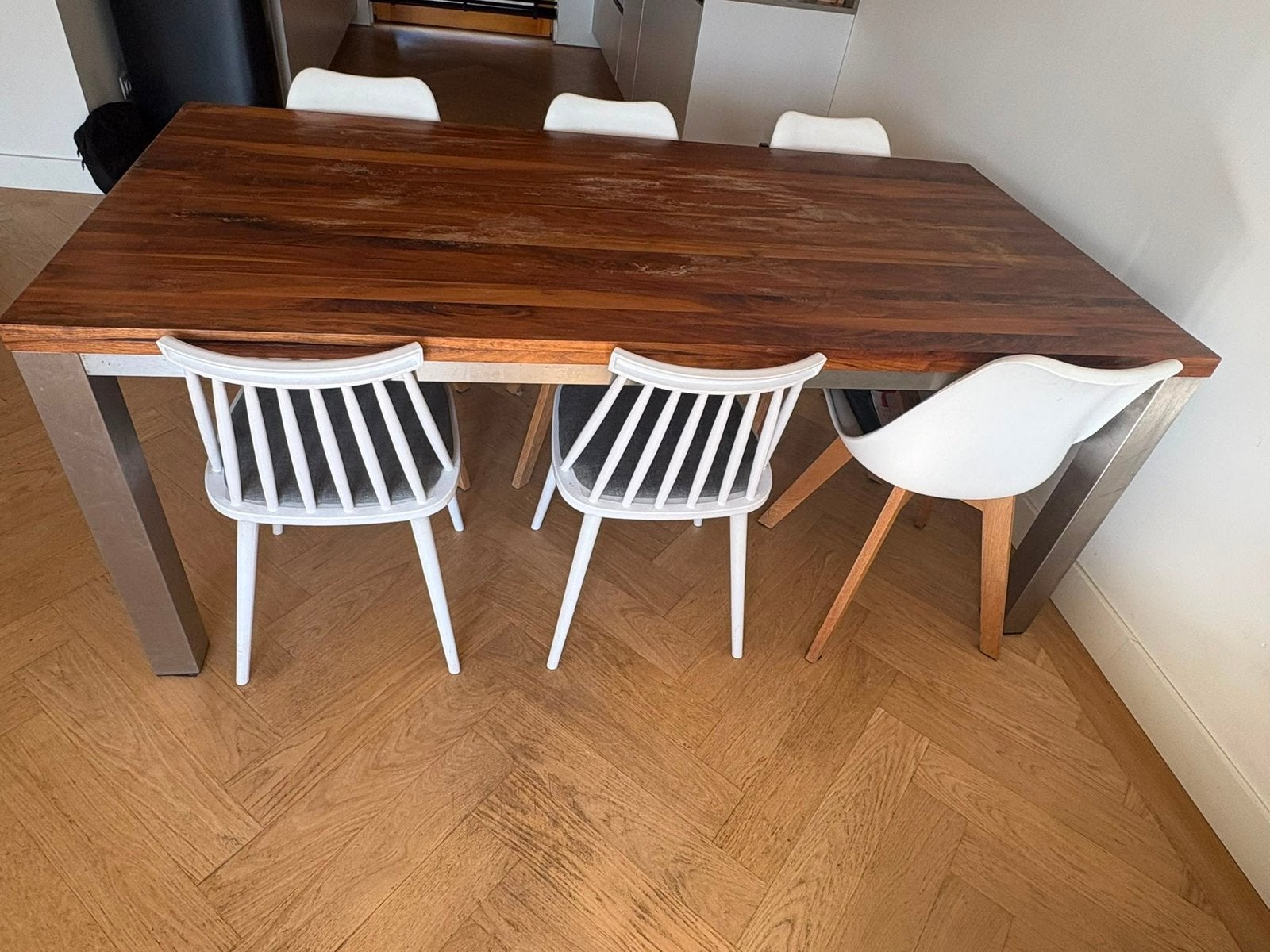 Massief houten eettafel met RVS poten, Huis en Inrichting, Ophalen, 100 tot 150 cm, 200 cm of meer, Zo goed als nieuw