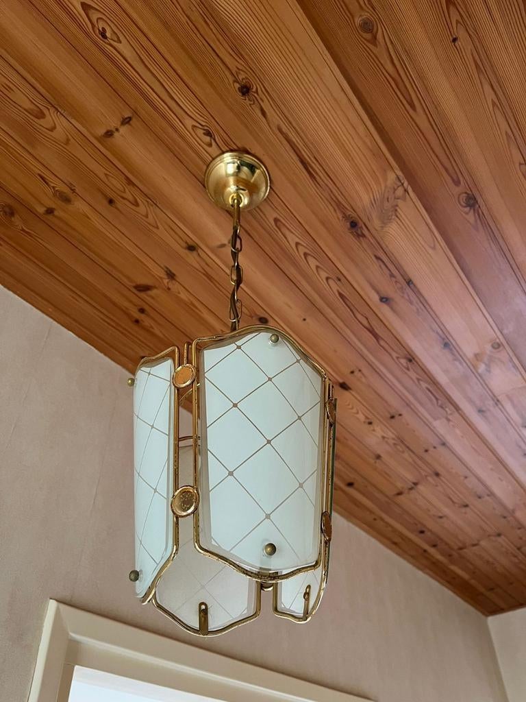 Vintage hanglamp met 4 zijden, messing en glas, Ophalen, Minder dan 50 cm, Gebruikt, Vintage, Klassiek