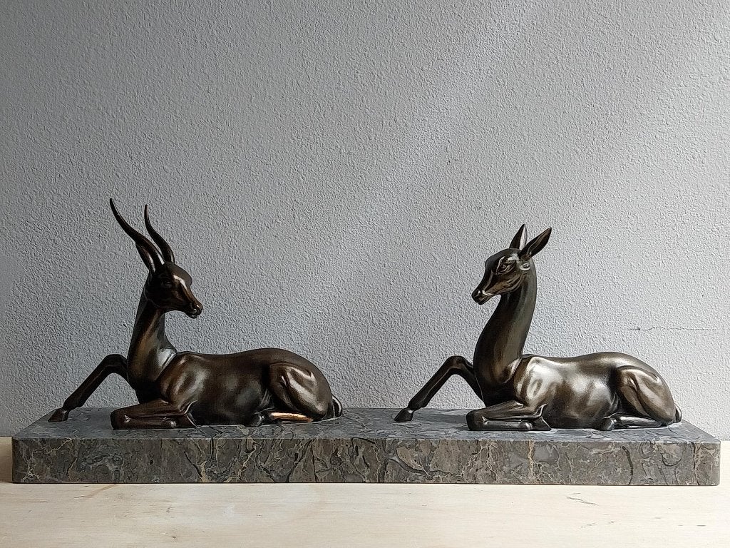 Art Deco gazellenpaar op marmer | zamak, Art deco, Gepatineerd, Ophalen of Verzenden, Zoogdier