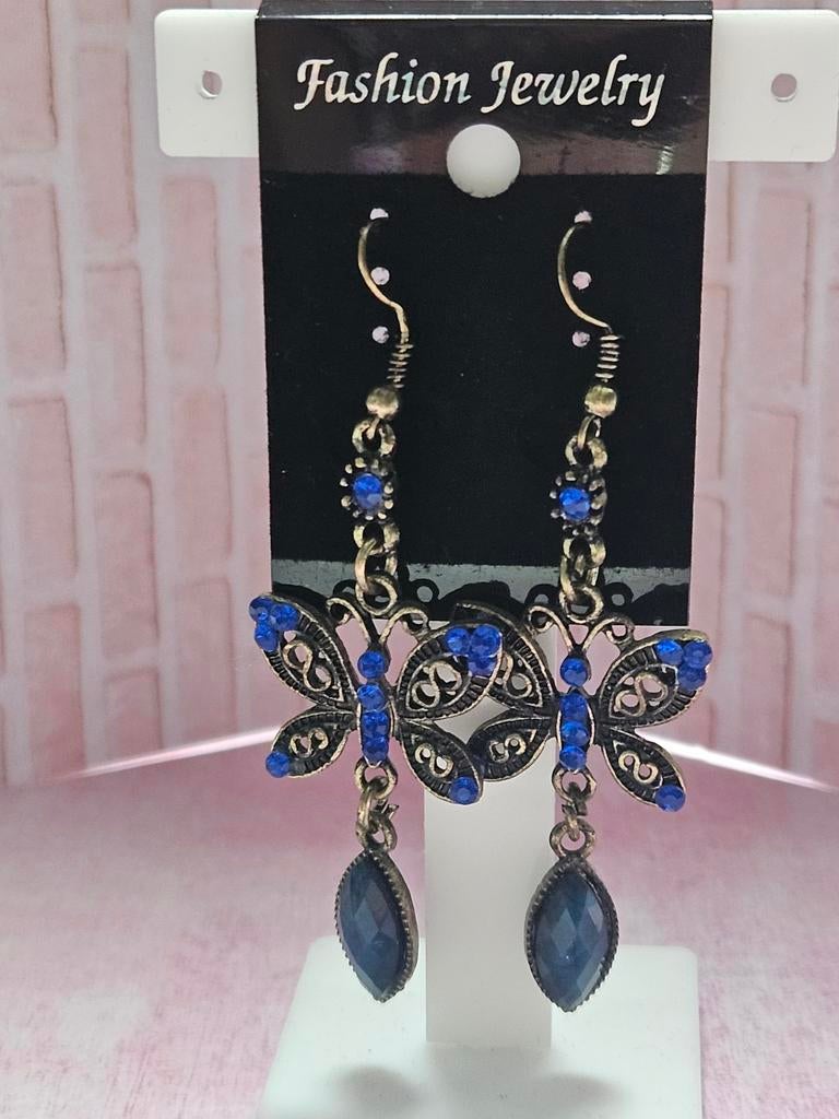 Oorbellen met blauwe vlinders en steentjes, Ophalen, Overige materialen, Hangers, Blauw