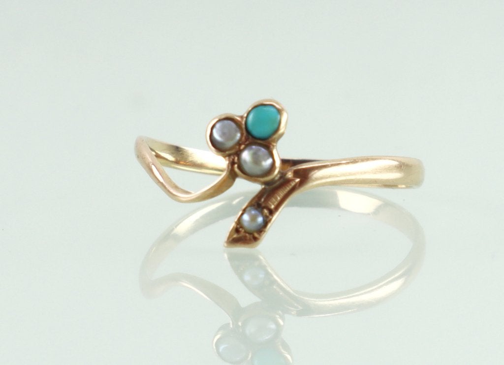 Gouden ring klavertje met turkoois en zaadparels, Ophalen of Verzenden, Goud, Ring, Verguld