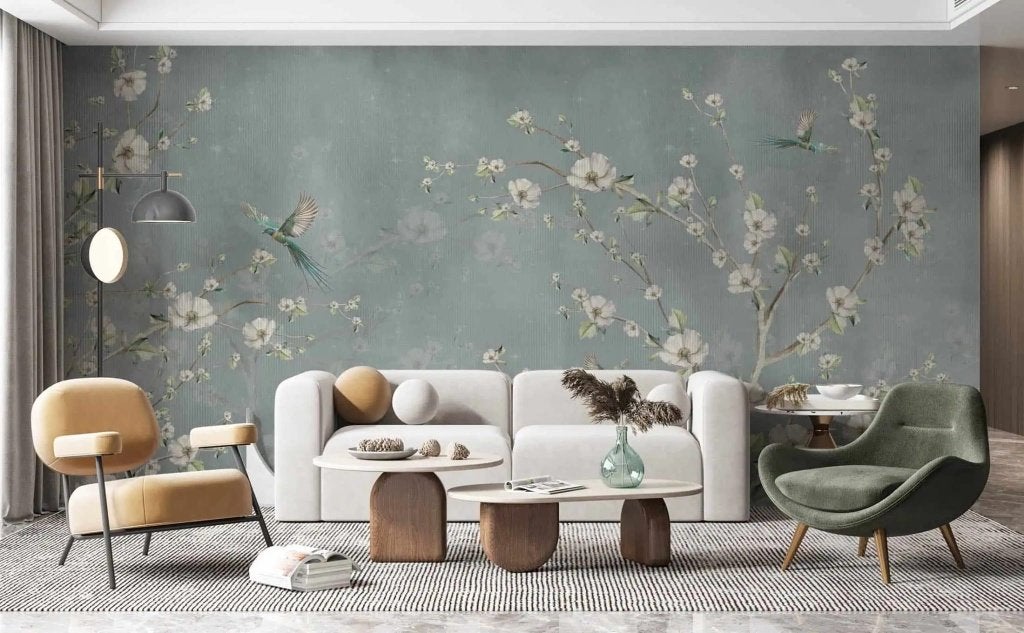 Vogel behang – groene vogels tussen witte bloesem, Overige merken, Blauw, Ophalen of Verzenden, Fotobehang