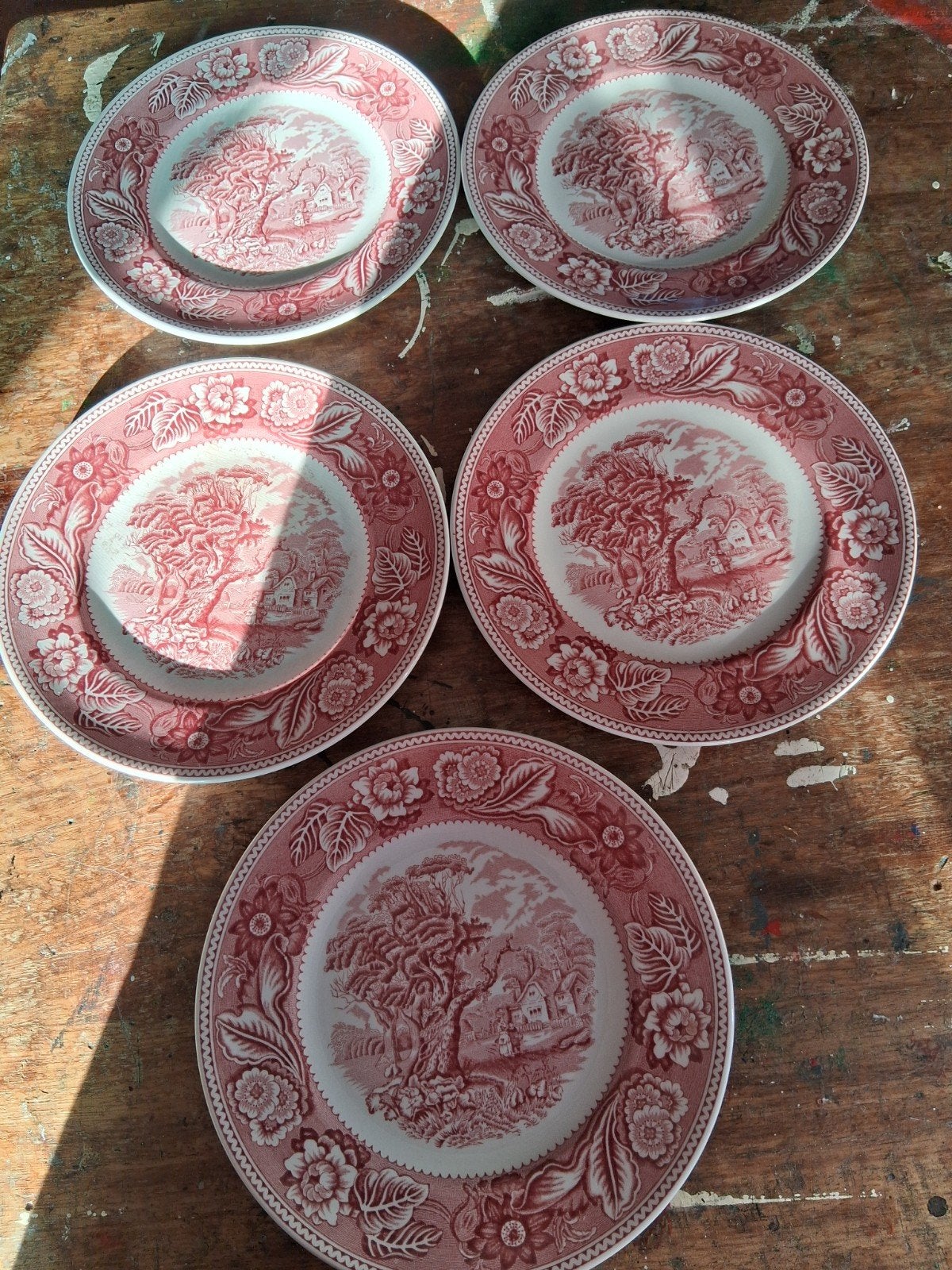 5 Wood & Sons 'Woodland' borden - rood transferware, Ophalen of Verzenden