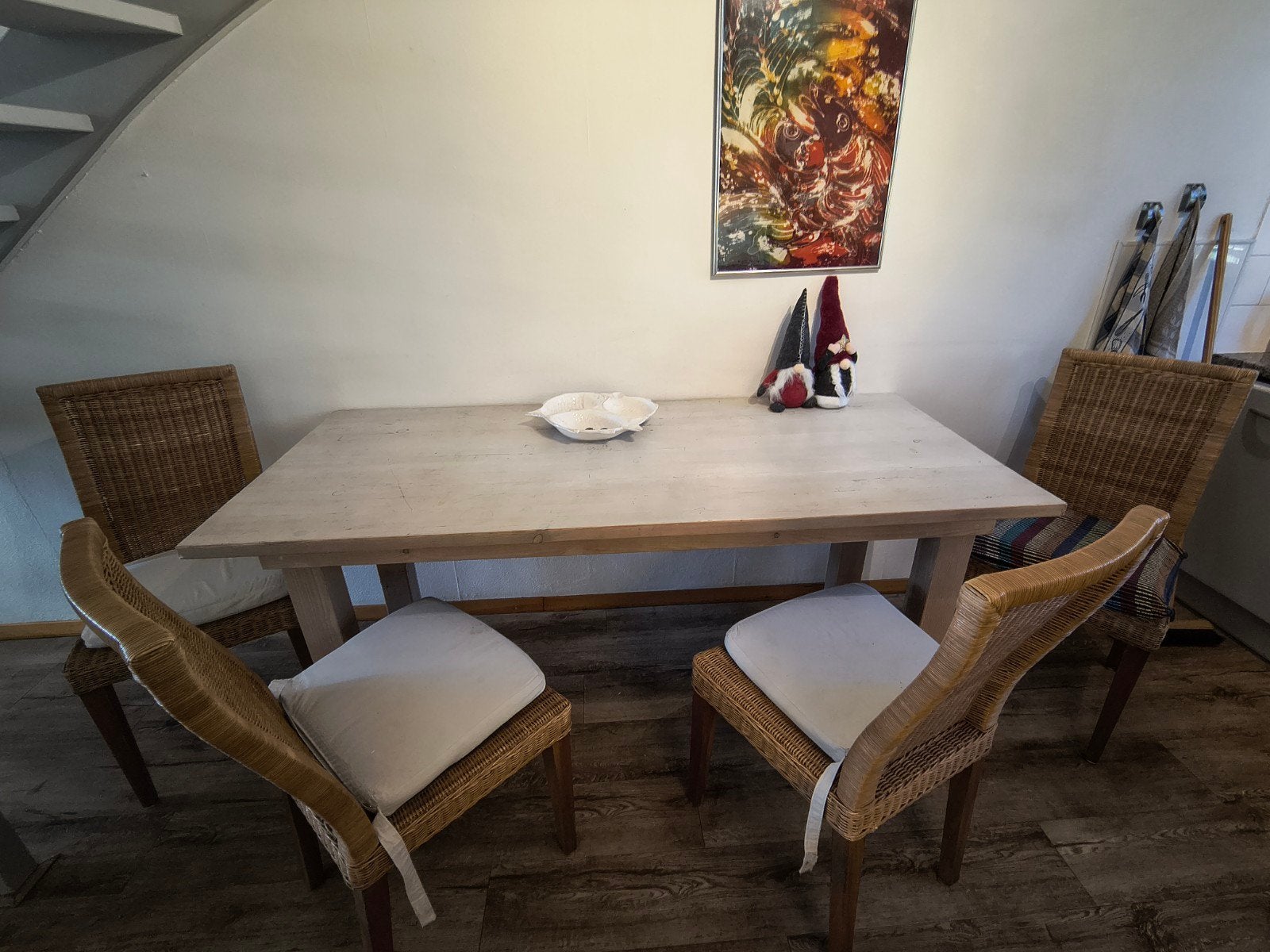 Stevige tafel met rieten stoelen (180x80x80cm), Ophalen, Gebruikt, 50 tot 100 cm, 150 tot 200 cm