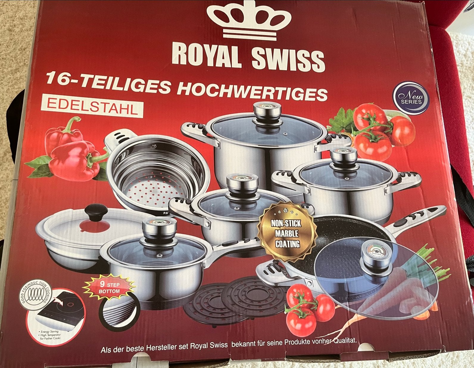 16-delige pannenset Royal Swiss, helemaal nieuw!, Huis en Inrichting, Ophalen, Antiaanbaklaag, Nieuw, Pannenset