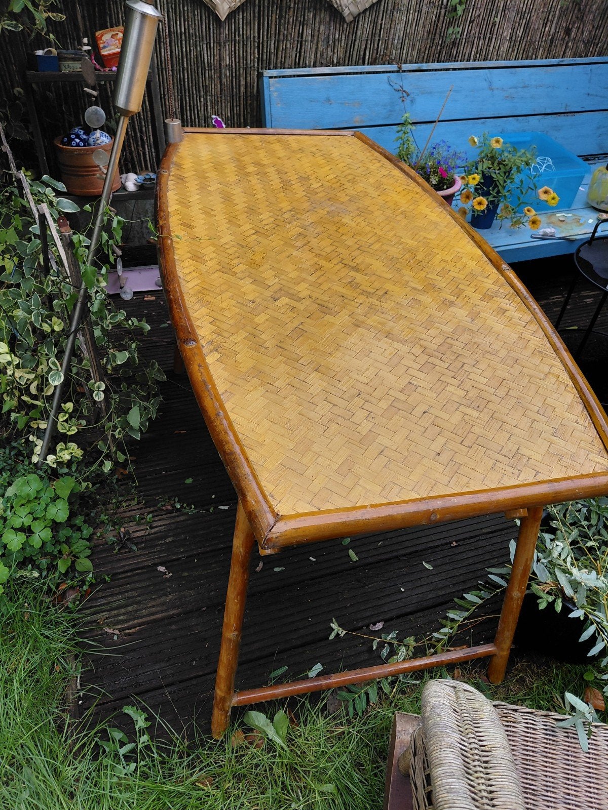 Prachtige vintage bamboo tafel Blad visgraatmotief, Ophalen, Rechthoekig, Hout