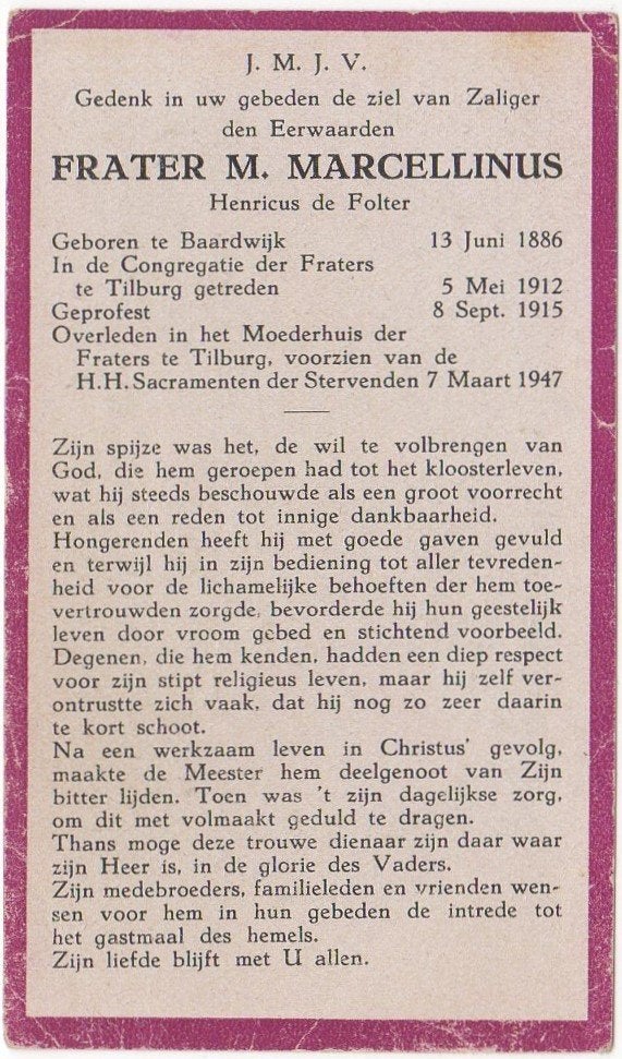 frater Henricus de Folter 1886 Baardwijk + 1947 Tilburg 60 j, Ophalen of Verzenden